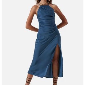 ASTR the LABEL Halter Neck Satin Maxi Dress Sz XL Steel Blue NWT